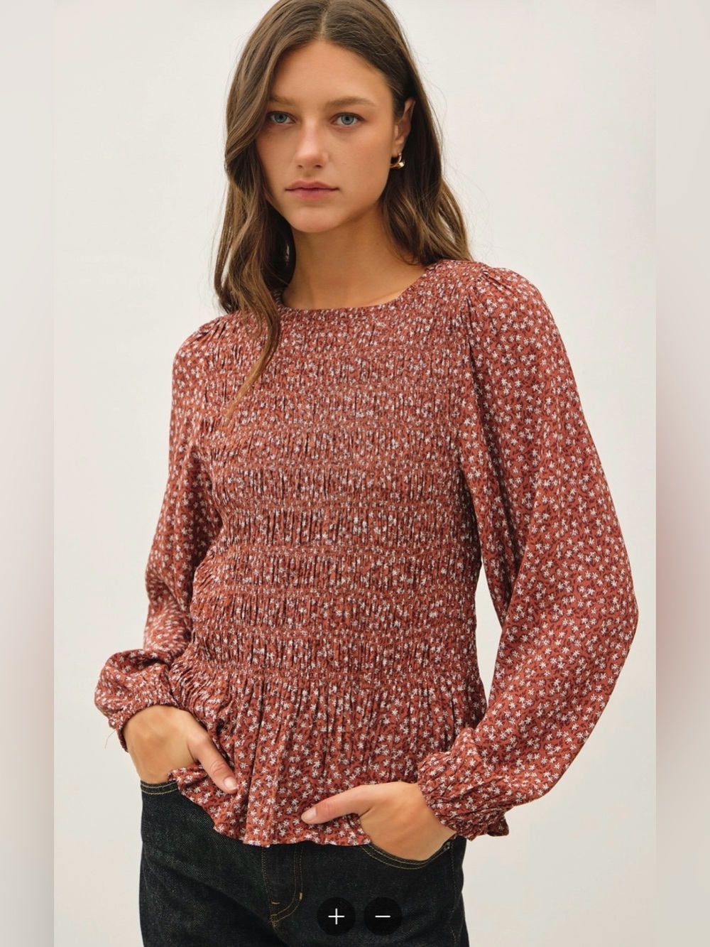 BE COOL Rust Floral Smocked Long-Sleeve Peplum Top Dress